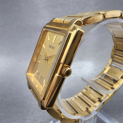 Seiko Tank Watch Men 26mm Champagne Dial Gold Tone Rectangle 7N015C90 New Batt2