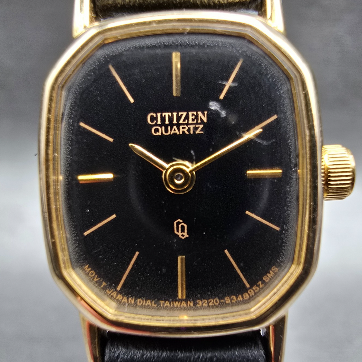 Citizen CQ Watch Women 17mm Black Dial Gold Tone Oval 3220 New Battery VTG E#1