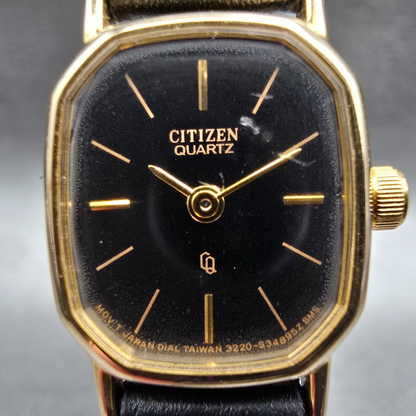 Citizen CQ Watch Women 17mm Black Dial Gold Tone Oval 3220 New Battery VTG E#1