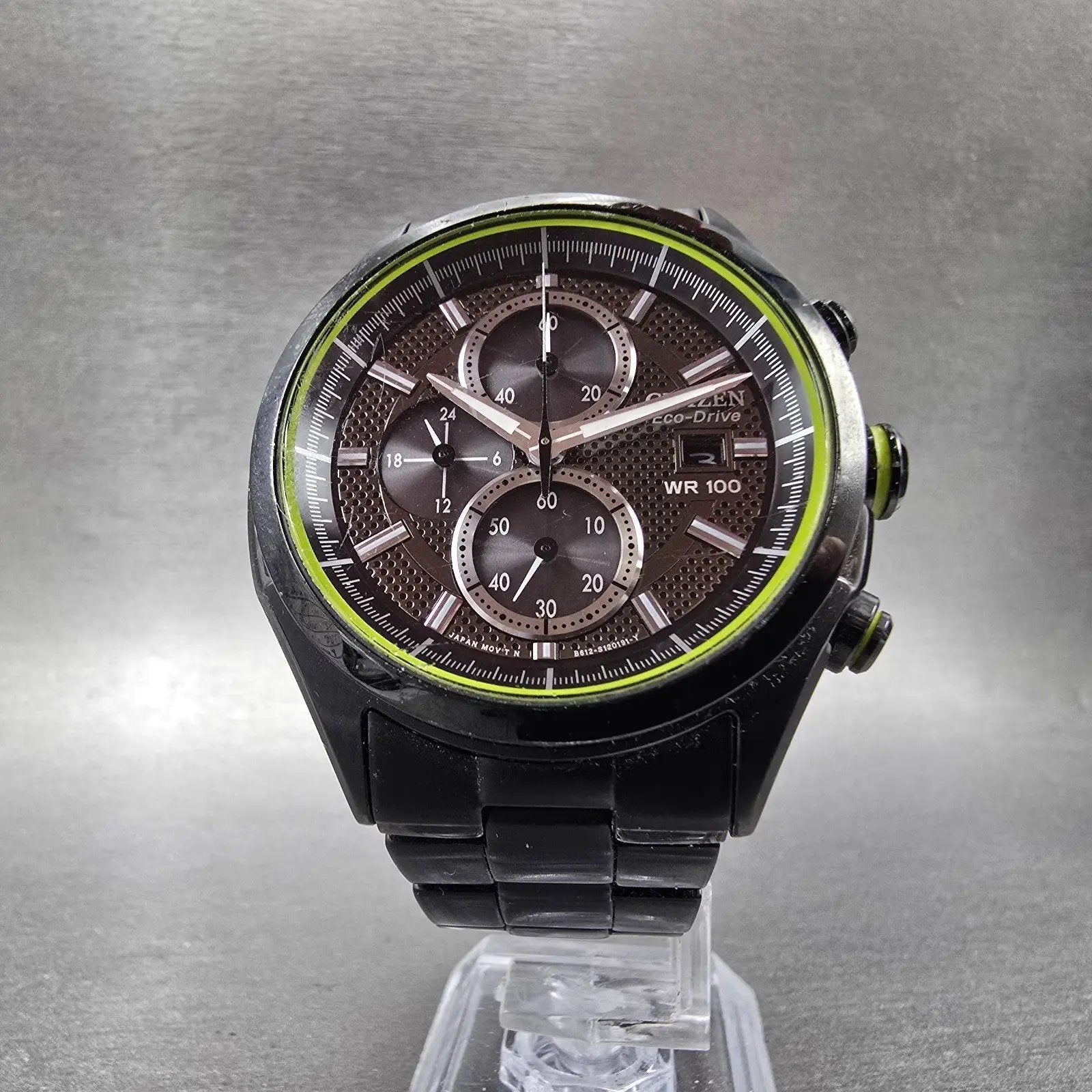 Citizen Eco-Drive Chronograph Watch Men 41mm Black Dial Black & Green Tone Runs5
