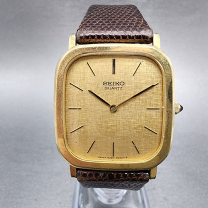 Seiko Tank Watch Men 28mm Gold Dial Gold Tone Rectangle 60205049 New Battery0