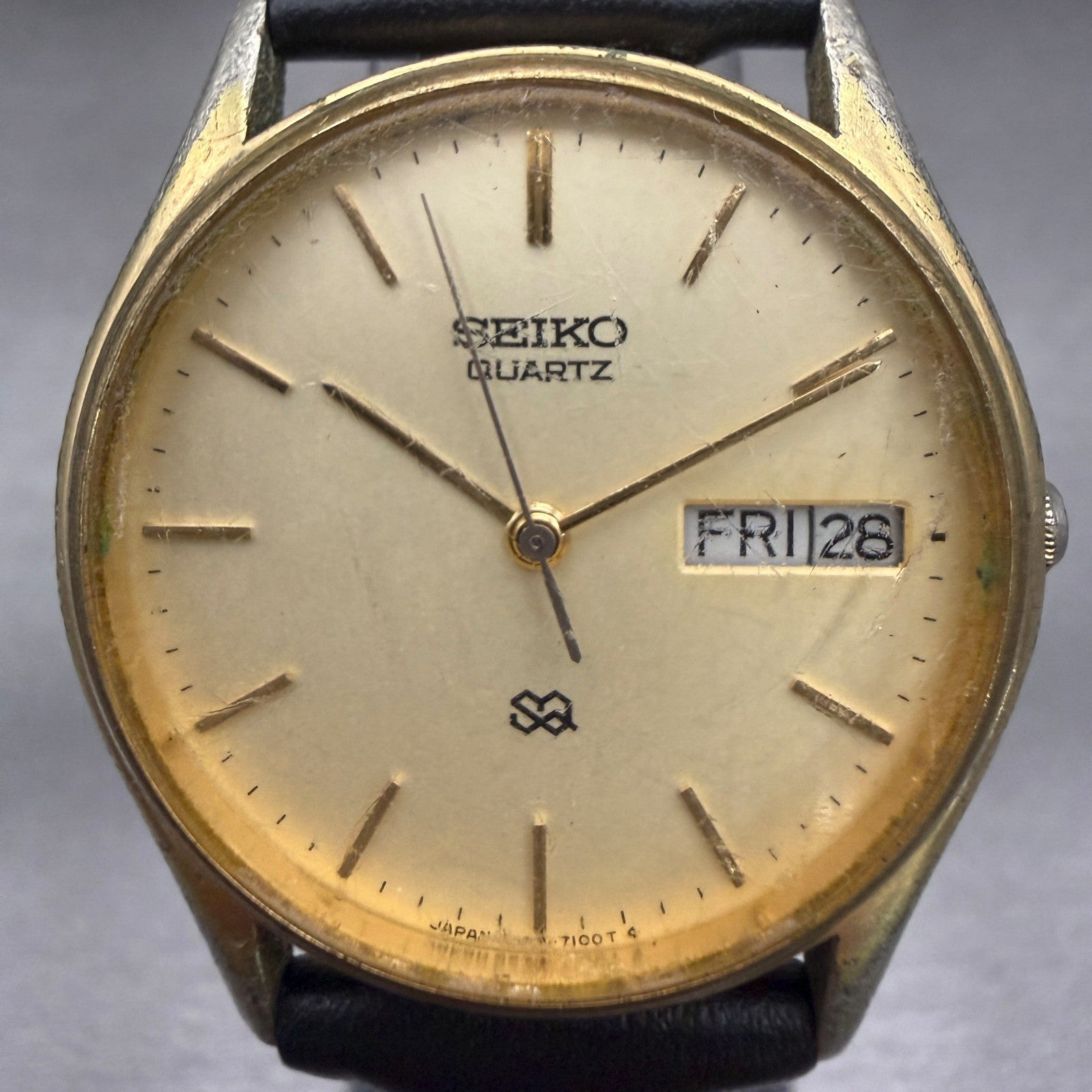 Seiko SQ Watch Men 32mm Champagne Dial Gold Tone Daydate Round 8223-70S9 New Bat1