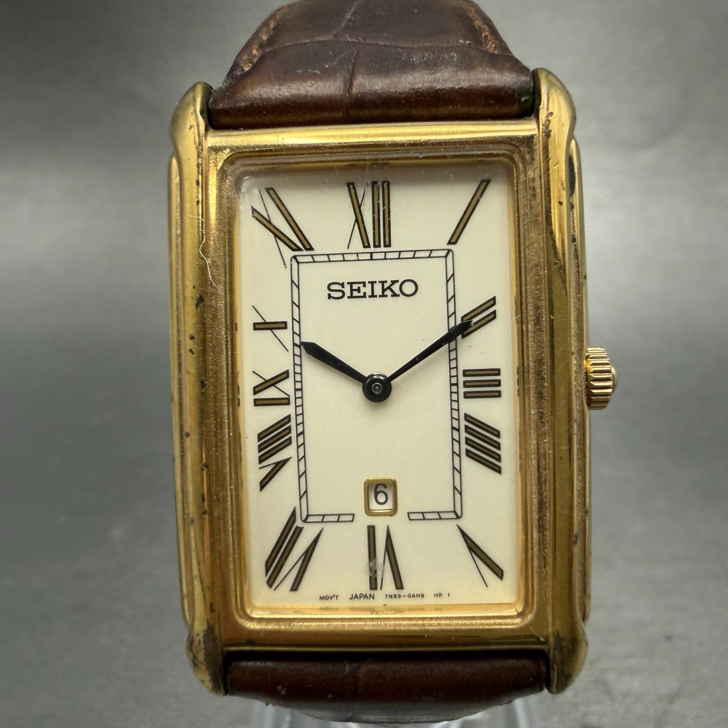 Seiko Tank Watch Men 26mm White Dial Gold Tone Date 7N89-0AD0 New Battery VTG0