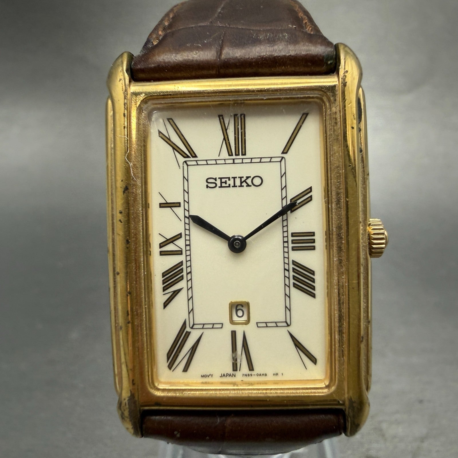 Seiko Tank Watch Men 26mm White Dial Gold Tone Date 7N89-0AD0 New Battery VTG0