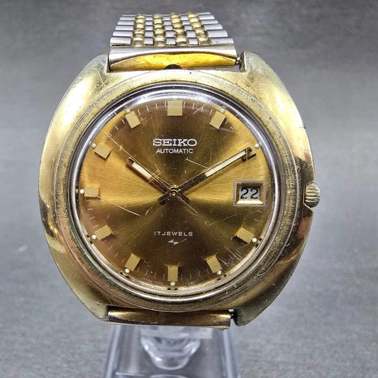 Seiko Automatic Watch Men 40mm Gold Dial Gold Tone Date 7005-7099 Runs Vintage0