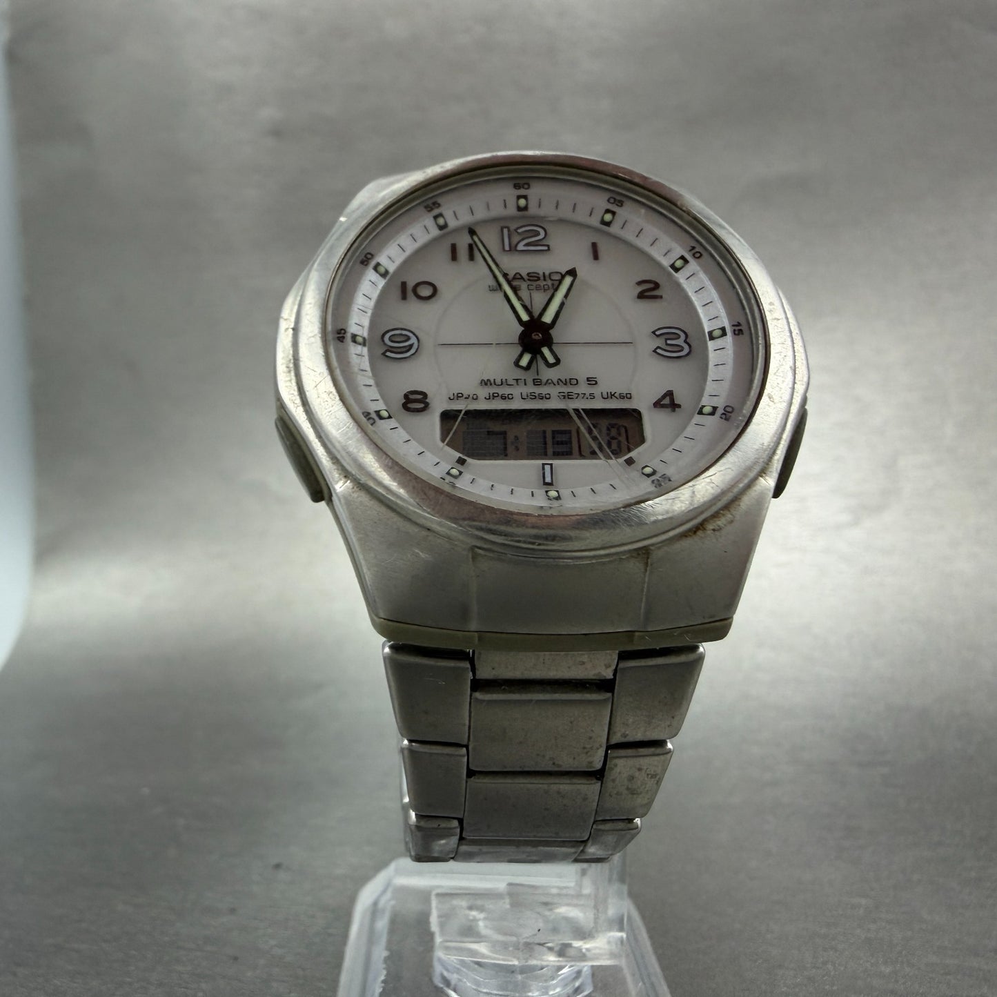 Casio Wave Ceptor Solar Watch Men 41mm White Dial Analog Digital Steel Runs ABC5