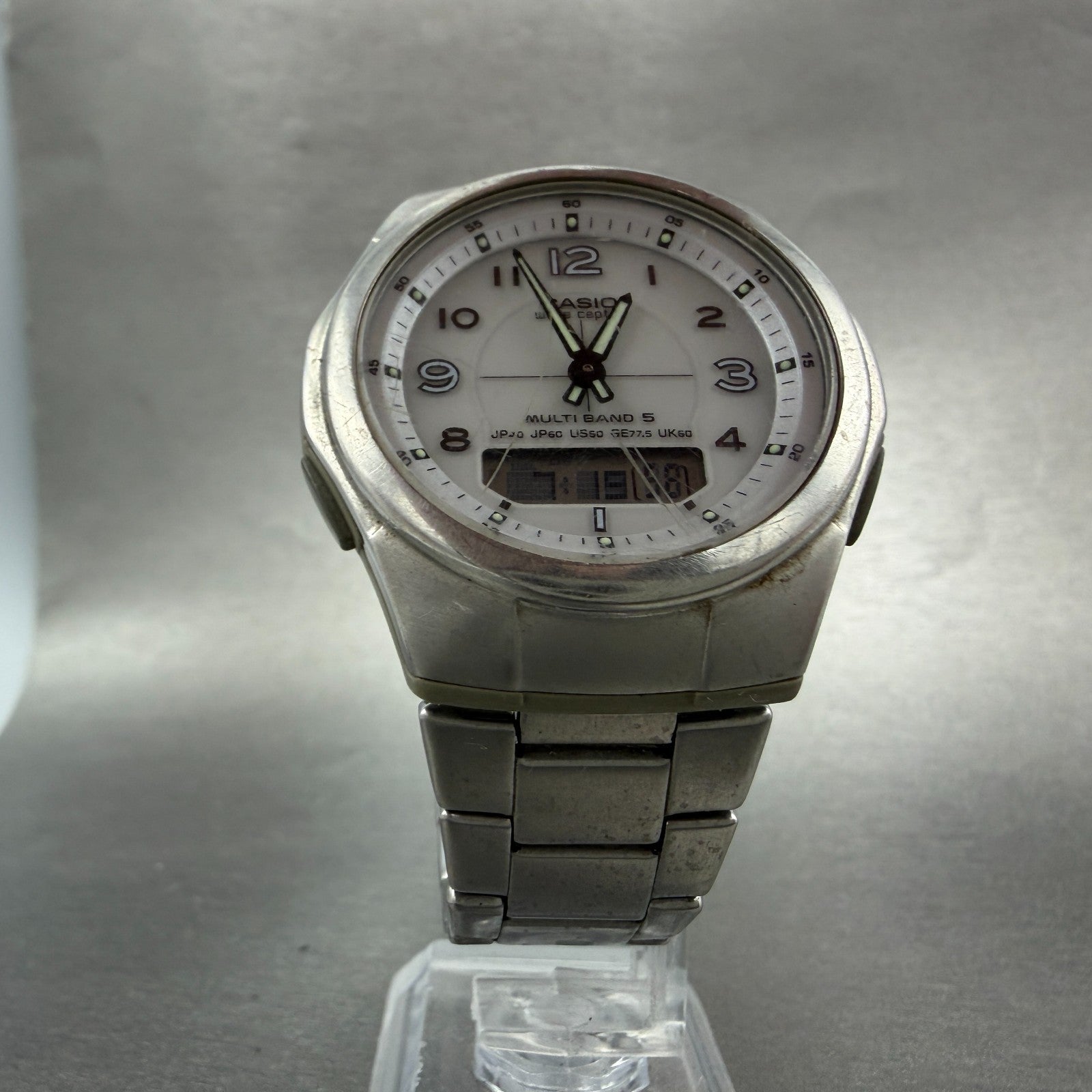 Casio Wave Ceptor Solar Watch Men 41mm White Dial Analog Digital Steel Runs ABC5