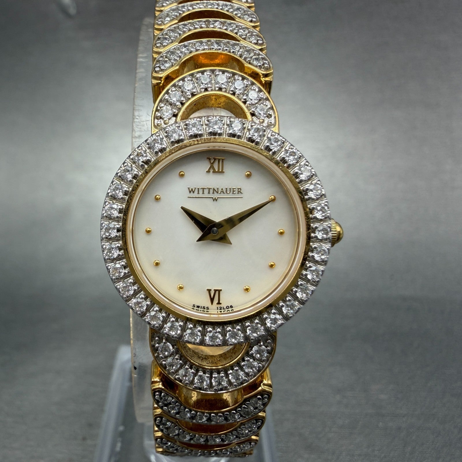 Wittnauer Watch Women 22mm MOP Dial Gold Tone Round Crystal Accents New Battery0