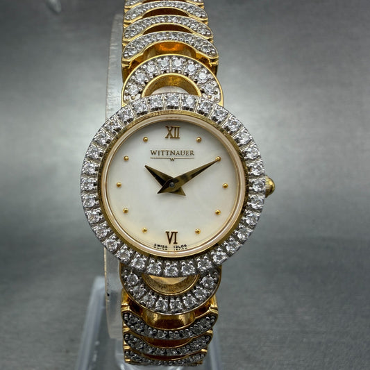Wittnauer Watch Women 22mm MOP Dial Gold Tone Round Crystal Accents New Battery0