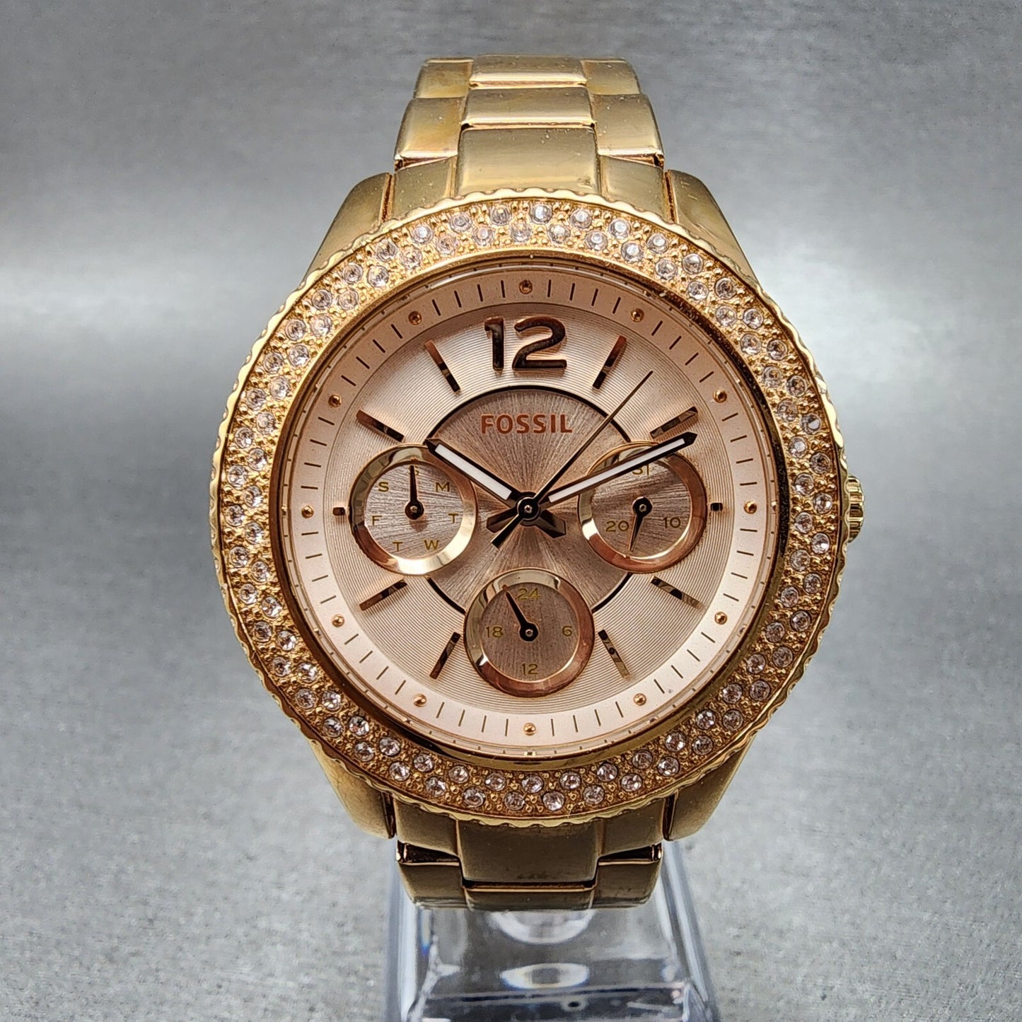 Fossil Stella Watch Women 38mm Rose Dial Rose Gold Tone Daydate Round New Batt0