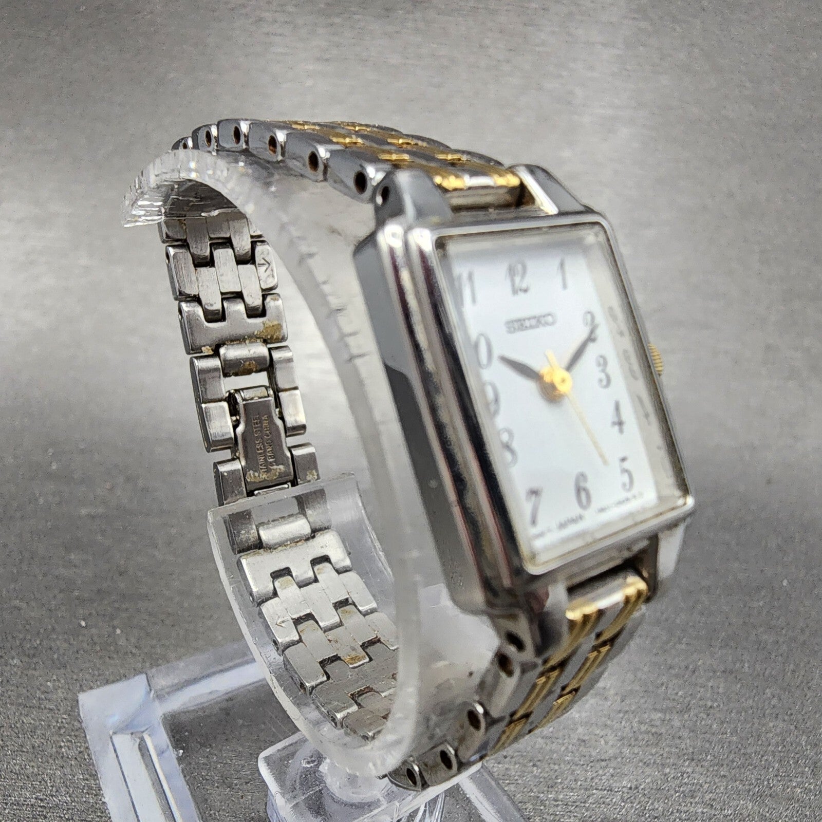 Seiko Tank Watch Women 16mm White Dial Two Tone Rectangle 1N010FH0 New Battery3
