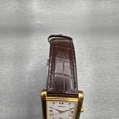 Seiko Tank Watch Men 27mm White Dial Gold Tone Date Rectangle V732-0449 New Batt4