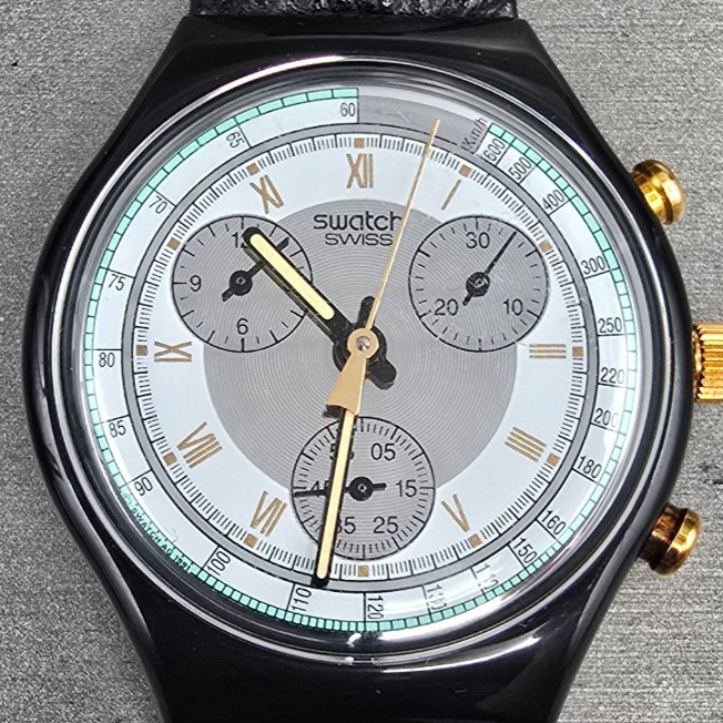 Swatch Chrono Colossal Watch Men 38mm Silver Dial Black Case SCB109 New Batt NOS1