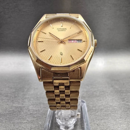 Citizen CQ Watch Men 35mm Gold Dial Gold Tone Daydate Round 6100-K02741 New Batt5