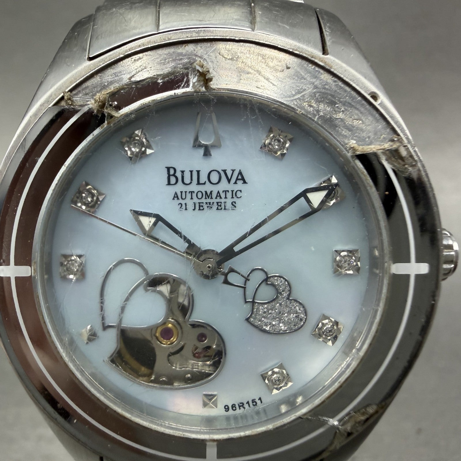 Bulova Automatic Watch Women 36mm MOP Heart Dial Silver Tone Round 96R151 Runs1