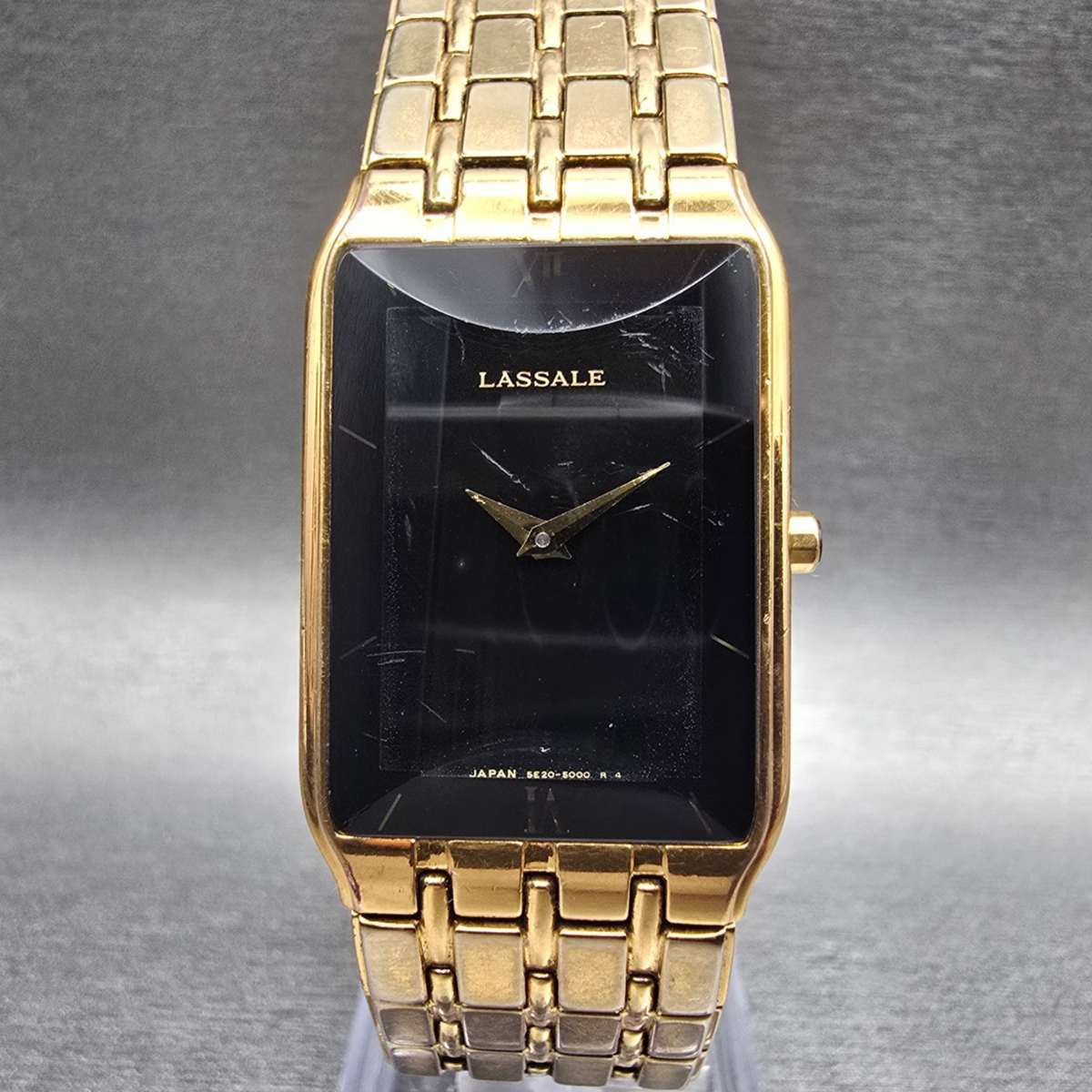 Seiko Lassale Tank Watch Men 22mm Black Dial Gold Rectangle 5E20-5009 New Batt0