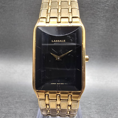 Seiko Lassale Tank Watch Men 22mm Black Dial Gold Rectangle 5E20-5009 New Batt0