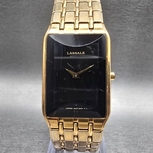 Seiko Lassale Tank Watch Men 22mm Black Dial Gold Rectangle 5E20-5009 New Batt0
