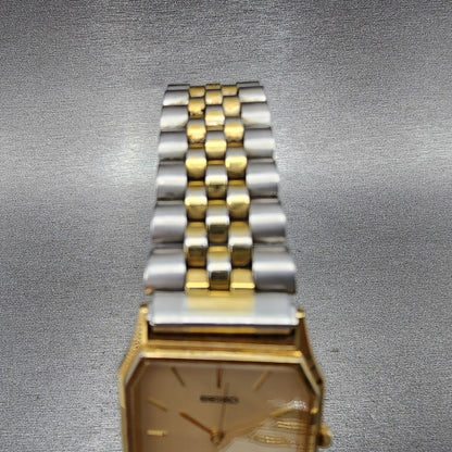 Seiko Tank Watch Men 25mm Champagne Dial Twotone Rectangle 5e315a00 New Battery4