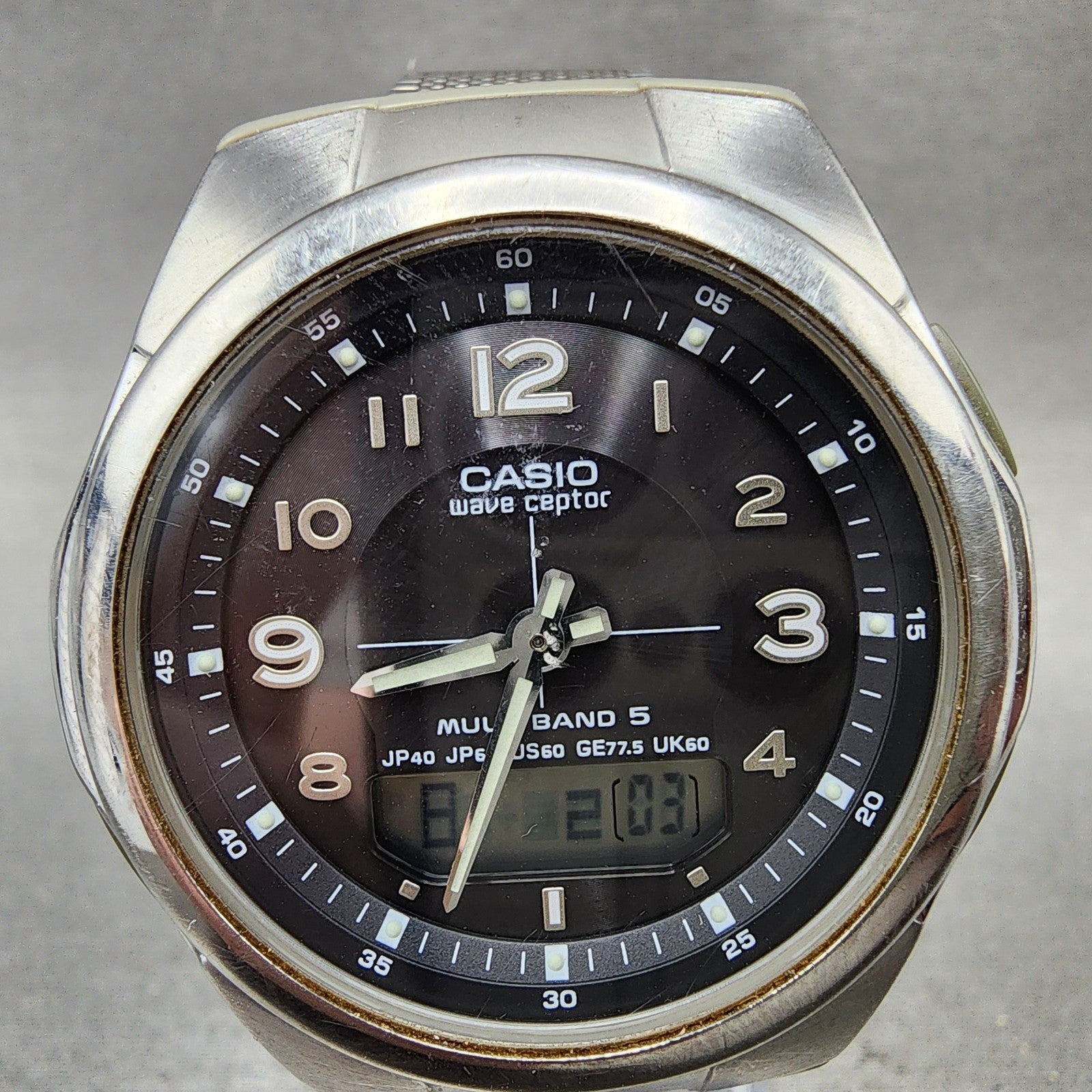 Casio Wave Ceptor Watch Men 41mm Black Dial Steel Analog Digital Solar Runs1