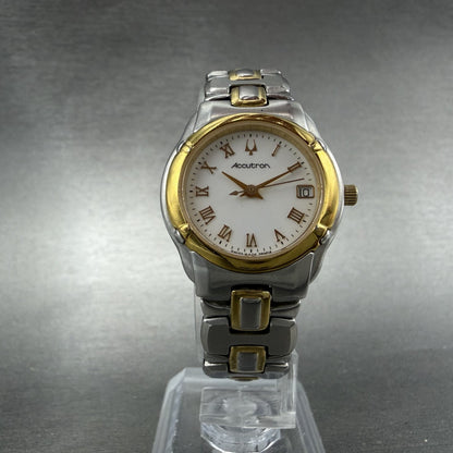 Bulova Accutron Watch Women 26mm White Dial Two Tone Date 28M04 New Batt READ!!!6
