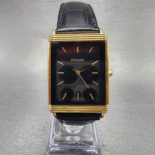 Pulsar Tank Watch Men 25mm Black Dial Gold Tone Rectangle V701-X042 New Battery