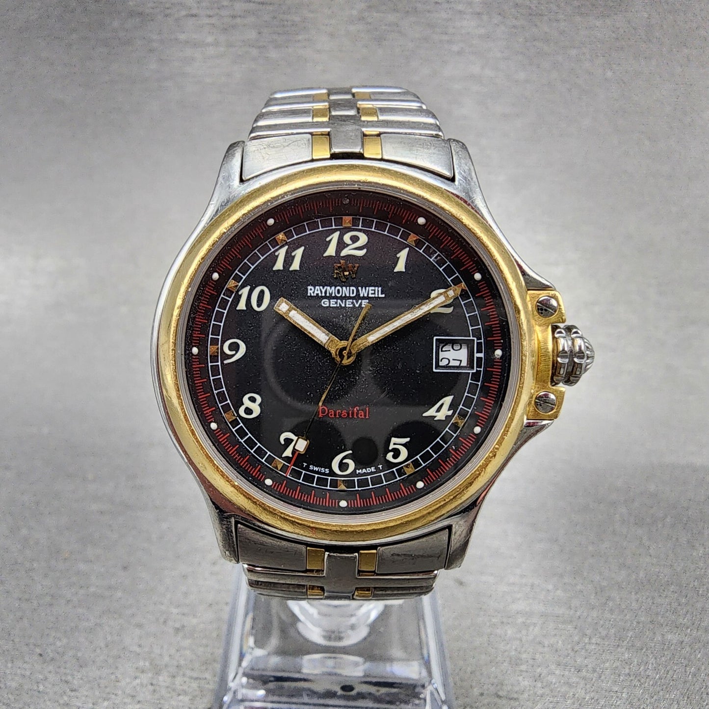 Raymond Weil Parsifal Watch Men 37mm Black Dial Two Tone Date Round READ!! NewBa0
