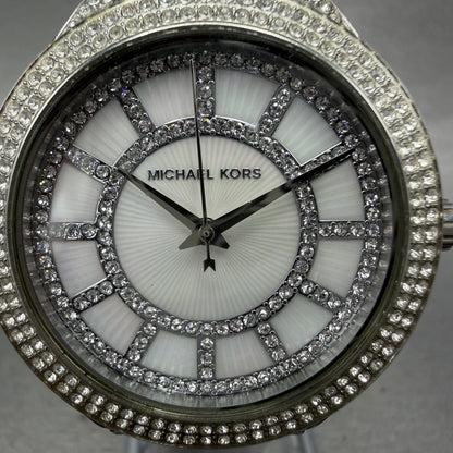 Michael Kors Kerry Watch Women 37mm MOP Dial Silver Tone Crystal Accent New Batt1