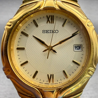Seiko Watch Men 36mm Ivory Dial Gold Tone Date Round 7N42-6C10 New Battery VTG1