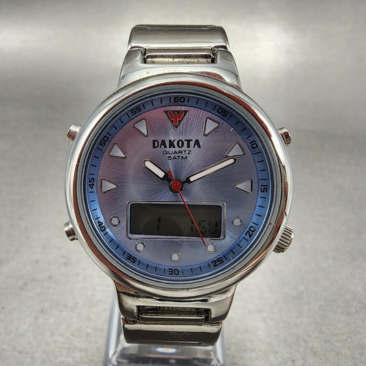 Dakota Analog Digital Watch Women 32mm Blue Dial Silver Tone Alarm Chrono NewBat0