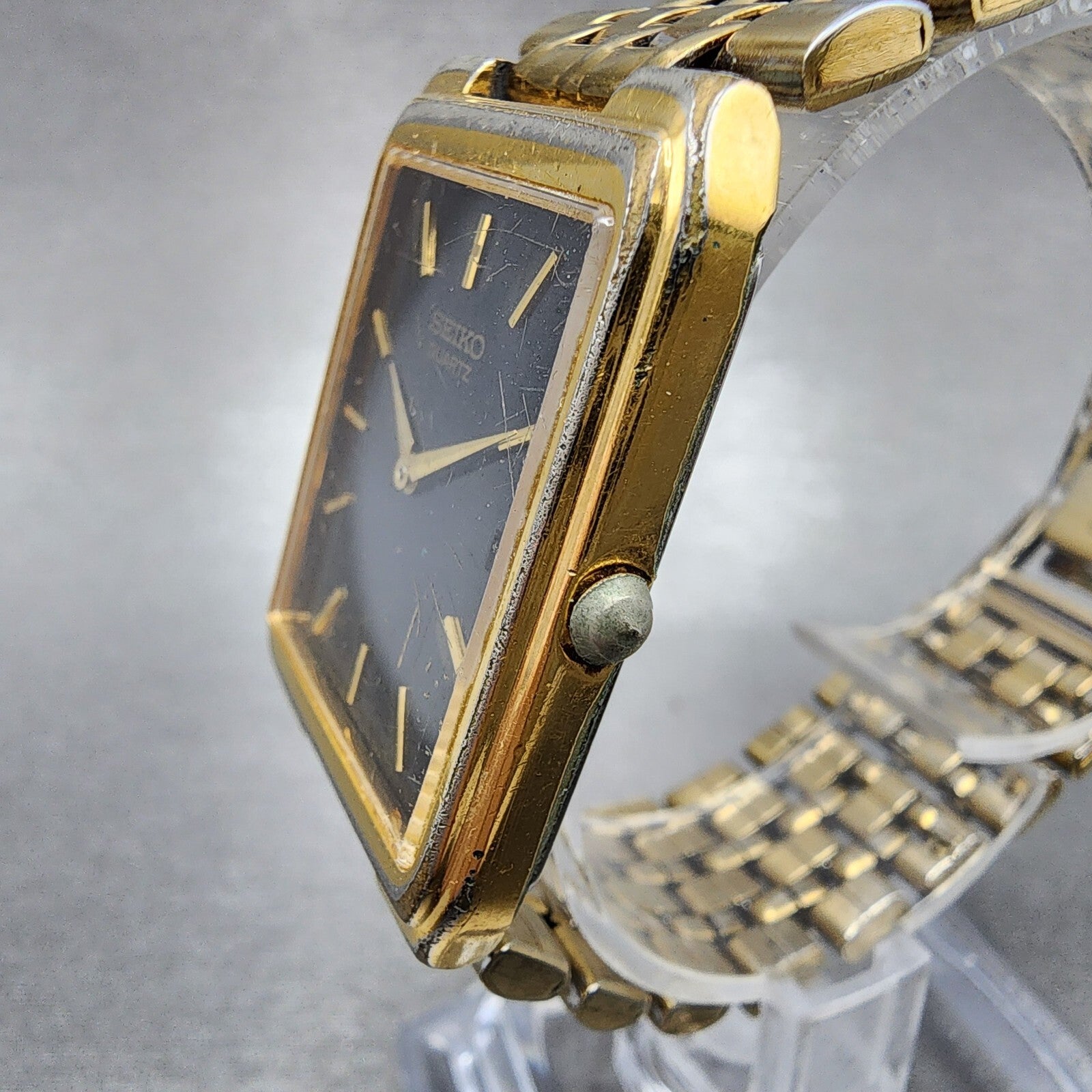 Seiko Tank Watch Men 27mm Black Dial Gold Tone Date 7n295b29 New Battery2