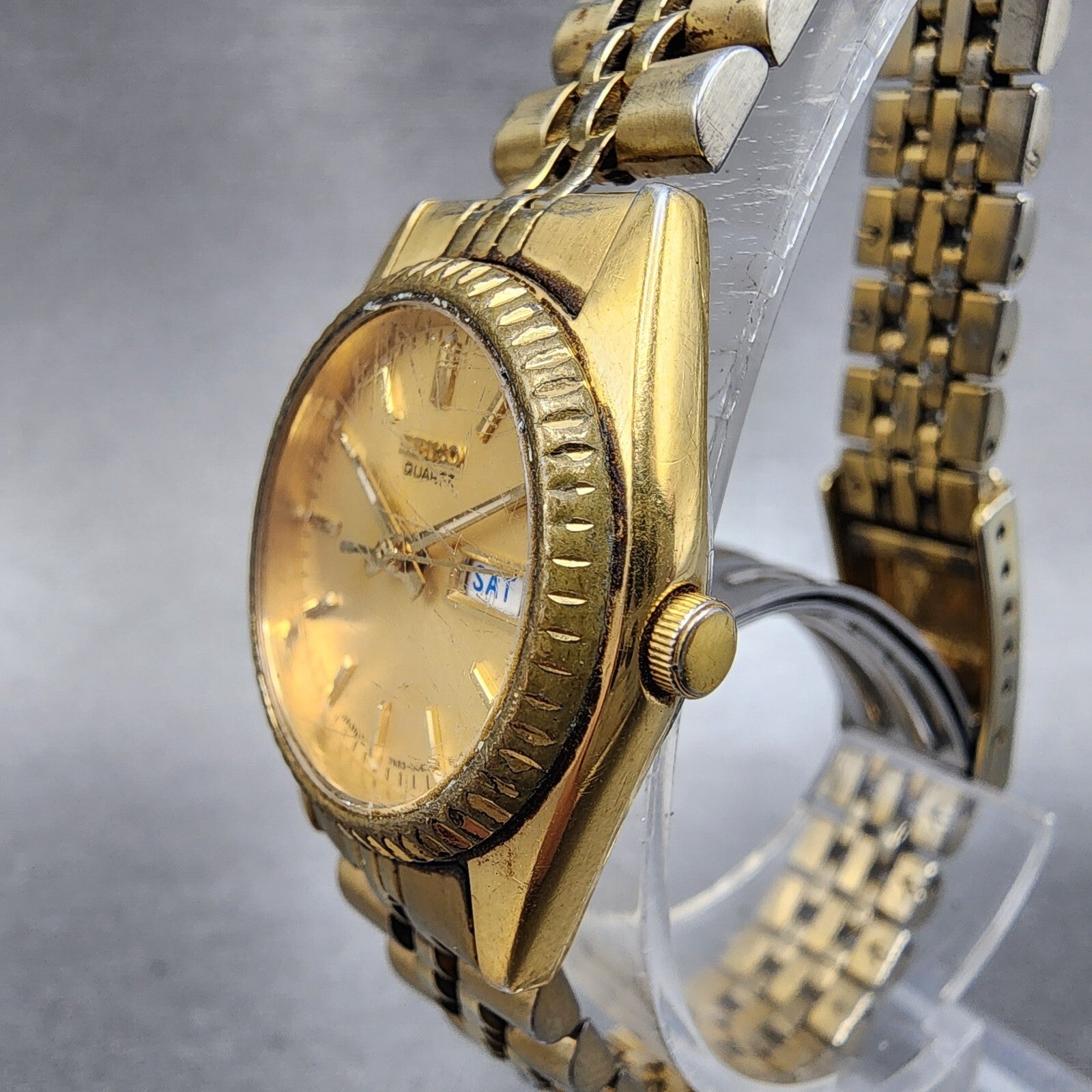 Seiko Watch Women 24mm Gold Dial Gold Tone Daydate Round 7N830041 New Battery2