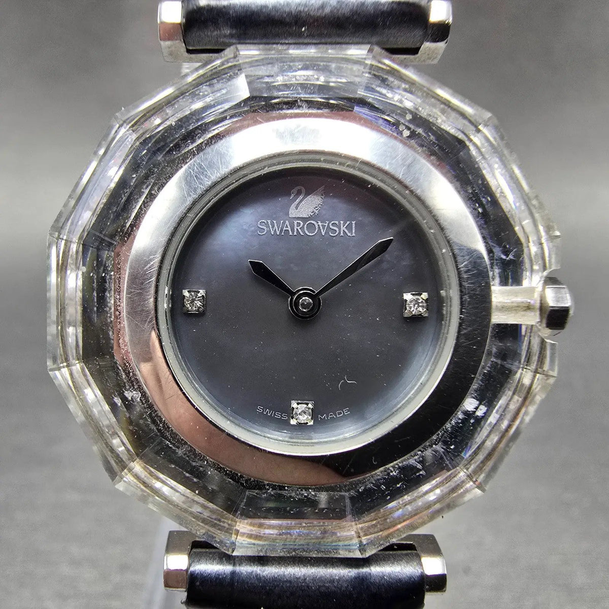 Swarovski Barcelona Watch Women 30mm MOP Dial Silver Diamonds Leather New Batt0