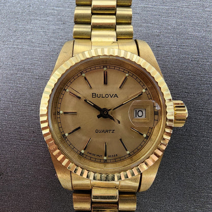 Bulova Watch Women 26mm Gold Dial Gold Tone Date Round BROKEN BAND New Battery1