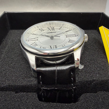 Invicta Vintage Watch Men 45mm Silver Dial Silver Round Leather Band 351382