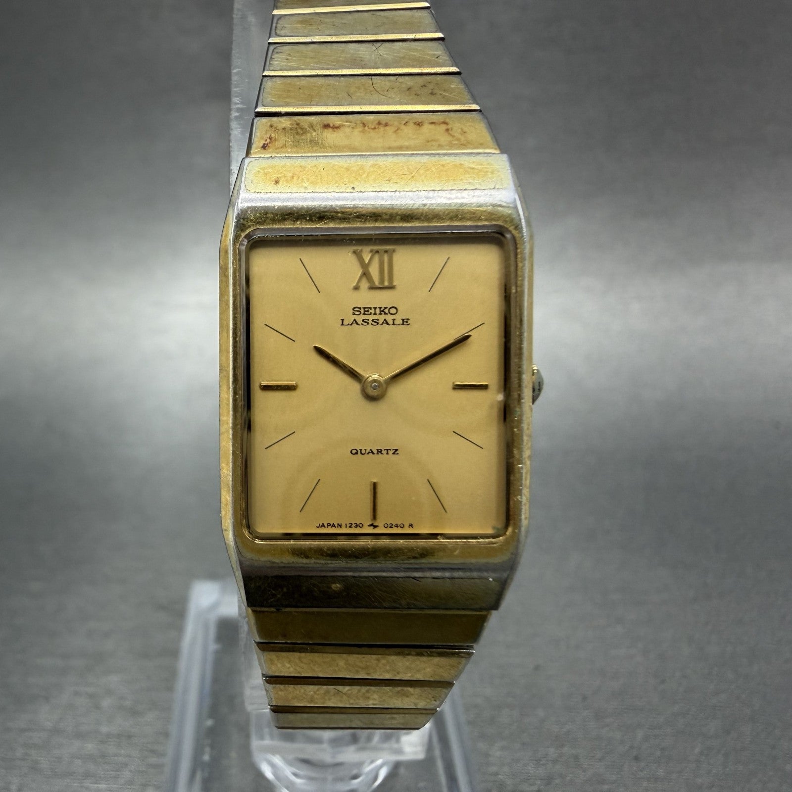 Seiko Lassale Tank Watch Women 18mm Champagne Dial Gold Tone 1230-5159 New Batt0