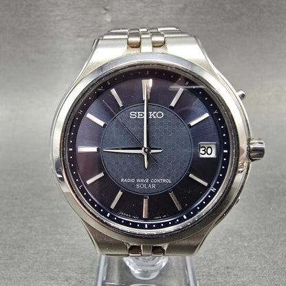 Seiko Solar Atomic Watch Men 38mm Blue Dial Steel Atomic Date 7B22-0AS0 PARTS!!!0