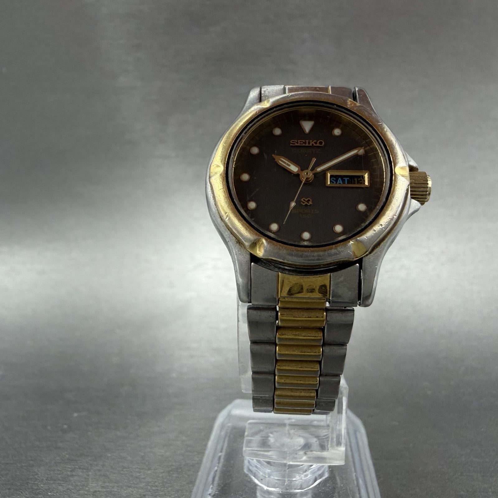 Seiko SQ Sports 150 Watch Women 27mm Black Dial TwoTone Daydate 3Y03-0A69 NewBat5