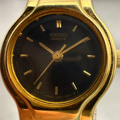 Seiko Watch Women 17mm Black Dial Gold Tone Round V401-0289 New Battery Vintage1