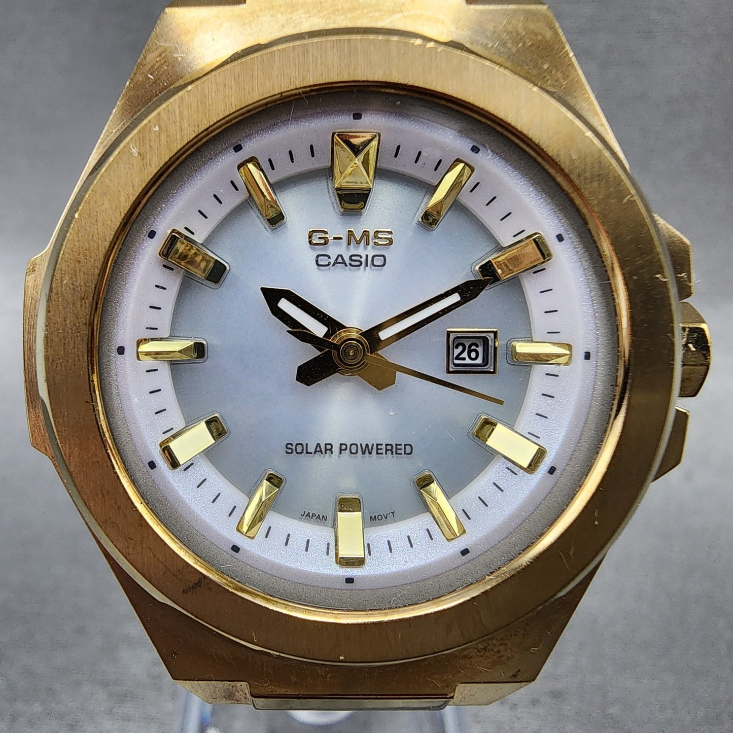 Casio BabyG Watch Women 37mm White Dial Rose Gold Tone Date Solar MSGS500 Runs1