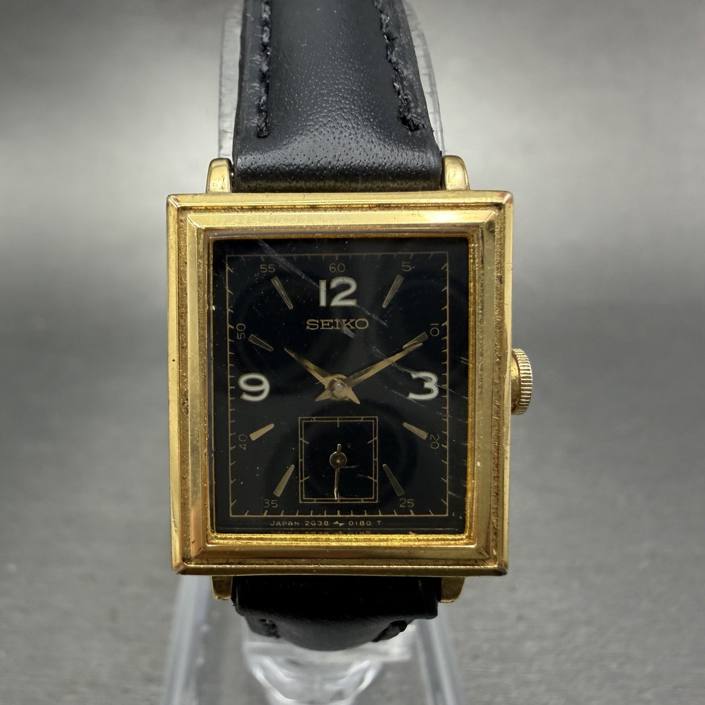 Seiko Tank Watch Women 20mm Black Dial Gold Tone Small Seconds 2G38-5060 New Bat0