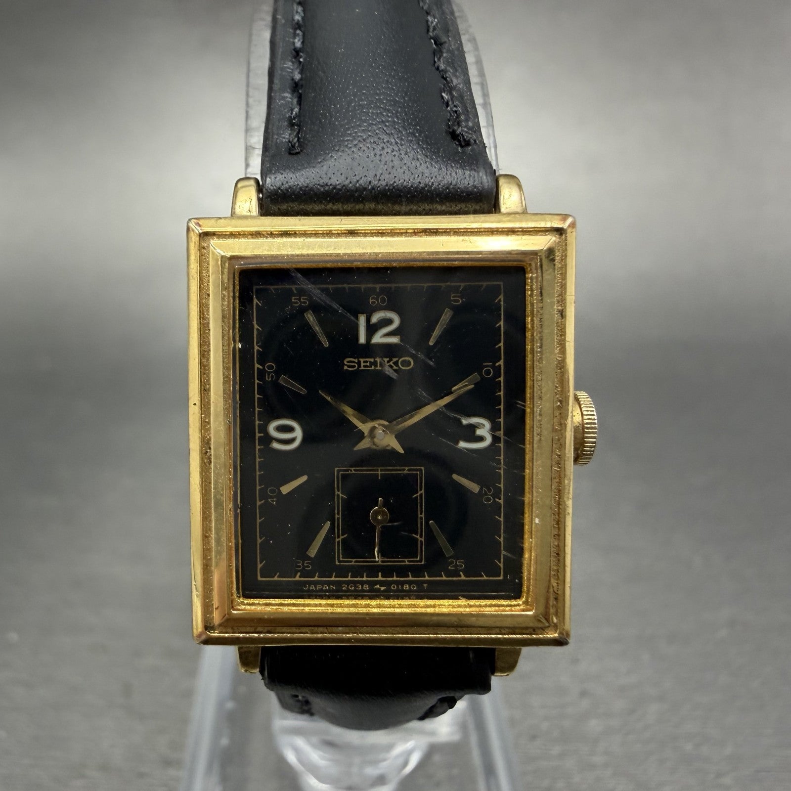 Seiko Tank Watch Women 20mm Black Dial Gold Tone Small Seconds 2G38-5060 New Bat0