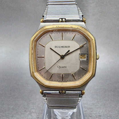 Bucherer Watch Men 31mm Silver Dial Two Tone Date Octagon 22027 New Battery0