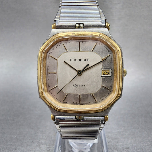 Bucherer Watch Men 31mm Silver Dial Two Tone Date Octagon 22027 New Battery0