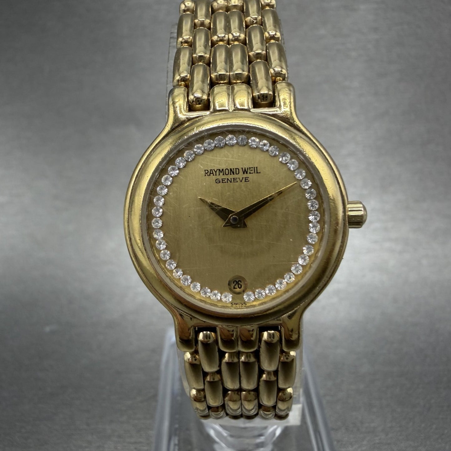 Raymond Weil Watch Women 24mm Champagne Dial Gold Plated Date Round 9946 New Bat0