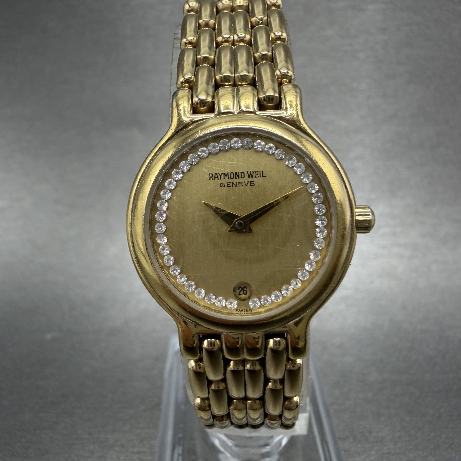Raymond Weil Watch Women 24mm Champagne Dial Gold Plated Date Round 9946 New Bat0