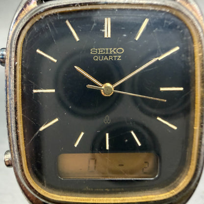 Seiko Analog Digital Watch Men 29mm Black Dial Gold Tone Rectangle H449 New BatW1