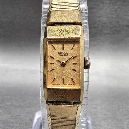 Seiko Watch Women 12mm Gold Dial Gold Tone Rectangle 1320-5049 New Battery 890