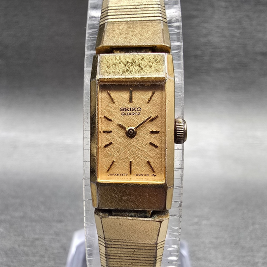 Seiko Watch Women 12mm Gold Dial Gold Tone Rectangle 1320-5049 New Battery 890