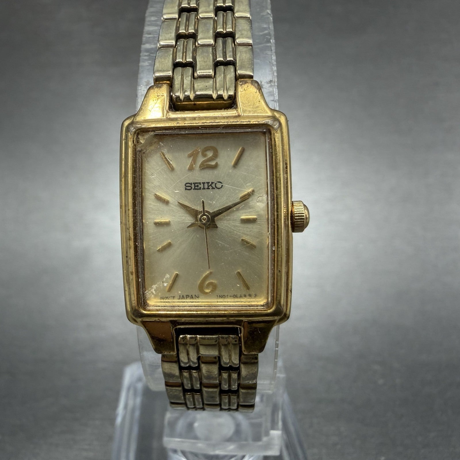 Seiko Tank Watch Women 16mm Champagne Dial Gold Tone 1N01-0FH0 New Battery HJFJY0